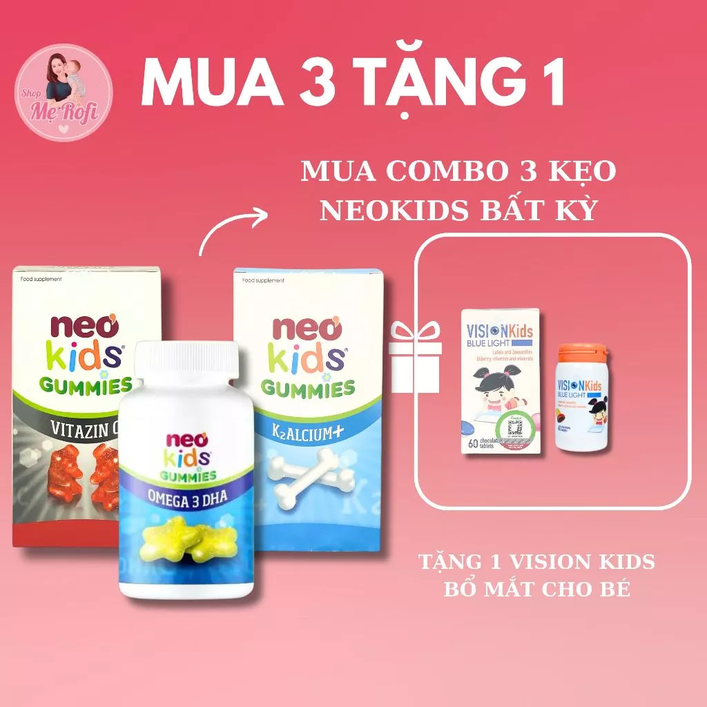 (Quà tặng) Combo Neokids Kẹo Gummies Dha, Canxi, Kẽm cho bé - Mẹ Rofi